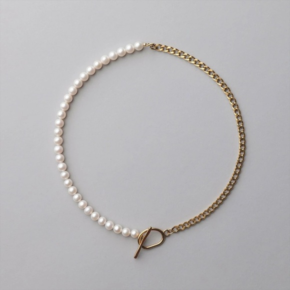 Freshwater Pearls Half Chain Necklace 6.5 - 7.0 mm in stainless steel - Picture 1 of 6